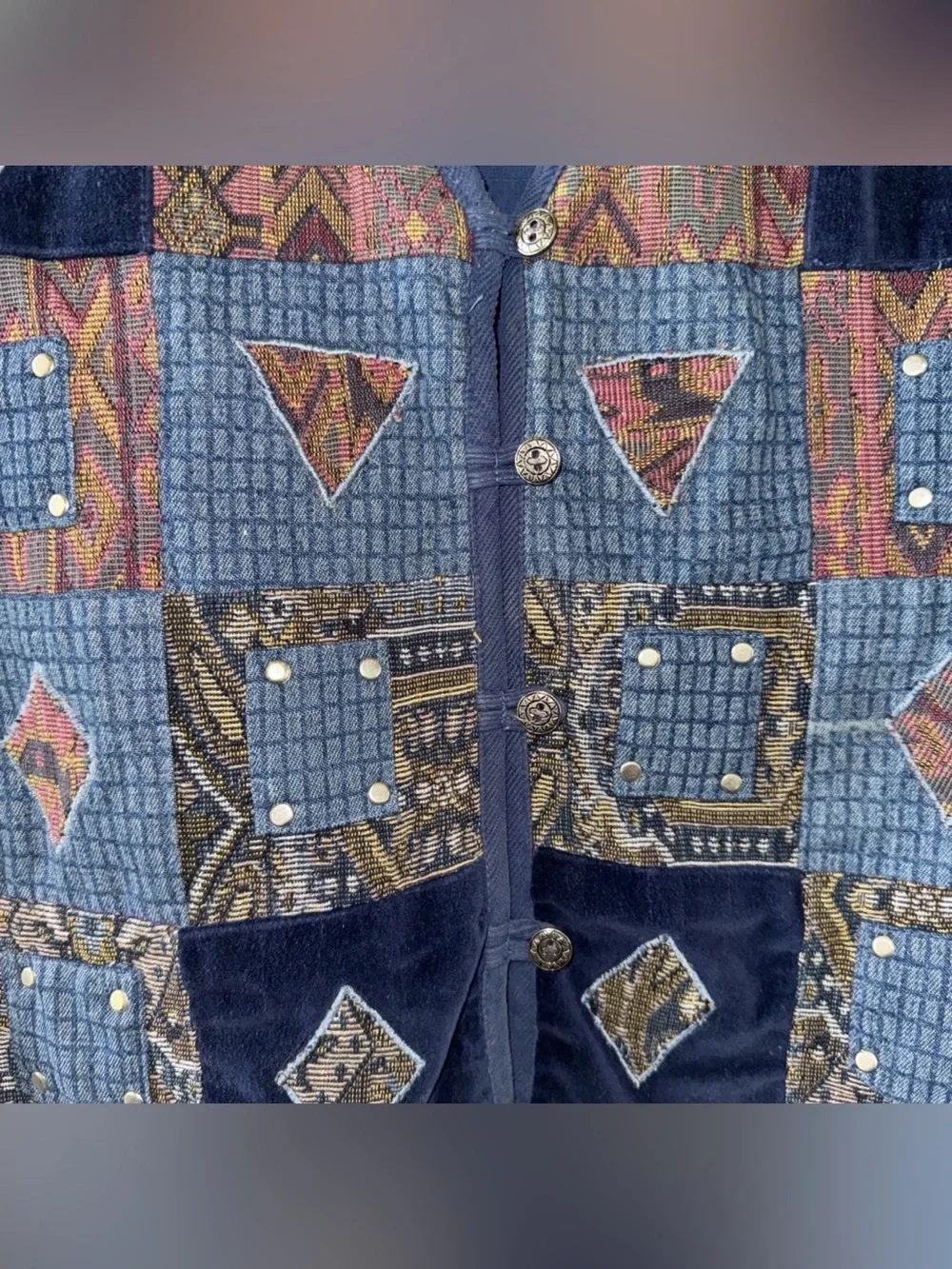 Vintage Paul Harris Design PHD Denim Embroidered Weaved Corduroy Vest Boho Large